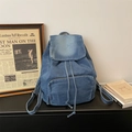 Vintage blue denim backpack with drawstring closure and large front zipper pocket - Dark Blue