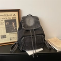 Vintage large capacity dark grey washed denim backpack with drawstring closure - Black