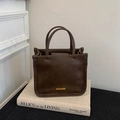 Vintage dark brown textured faux leather tote bag with elegant gold brand nameplate - Coffee without Pendant