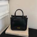 Classic black litchi texture square handbag with golden hardware and top handles - Black without Pendant