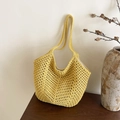 Gelbe Häkeltasche mit offenem Netzdesign und gewebten Griffen für den Strandurlaub - Gelber Reißverschluss-Stil