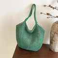 Handmade dark green woven tote bag in hollow crochet design with double handles - Green Zipper Style