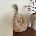 Handgefertigte Häkel-Tragetasche in Khaki-Kaffee-Braun mit minimalistischem Boho-Stil - Khaki Reißverschluss-Stil