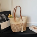 Elegante bolso tote de paja bicolor en crema y marrón con flecos y asas de cuero - Blanco Roto