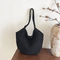 Minimalist black hand-knitted crochet tote bag with hollow mesh pattern for beach use - Black Zipper Style