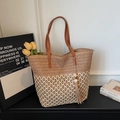 Bolso tote tejido grande con asas de cuero marrón y diseño de contraste bicolor - Caqui