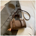 Retro dark brown litchi grain leather bowling bag with stylish buckle strap design - Coffee without Pendant