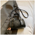 Black pebbled leather Boston bag with silver buckles and adjustable shoulder strap - Black without Pendant