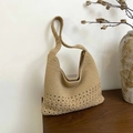 Bolso tote de ganchillo caqui hecho a mano con motivos florales y correa ancha - Estilo de cremallera / Caqui
