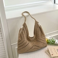 Braune Häkel-Tragetasche mit Fransen und geometrischem Webmuster für Damen - Khaki Reißverschluss-Stil