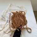 Khaki hand-woven crochet bucket bag with geometric patterns and drawstring closure - Khaki