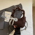 Brown half-moon dumpling bag with lace bow, pearl charm and metal chain strap - Coffee with Pendant