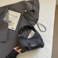 Dark grey hobo bag with geometric jacquard texture and ruffled handle in urban style - Black without Pendant
