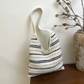 Handcrafted crochet tote bag with navy and beige horizontal stripes and cutout details - Zipper Style / Blue