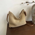 Beige gewebte Hobo-Schultertasche mit braunem Lederriemen und Goldbeschlägen - Khaki Reißverschluss-Stil