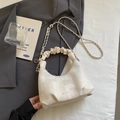 Creamy white dumpling bag with pleated handle and silver chain strap for women - Off-white Without Pendant