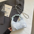 Minimalist light blue and white color-block croissant bag with pleated handle and chain - Blue Without Charm