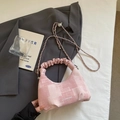 Pink crescent moon bag with textured woven fabric and adjustable silver chain strap - Pink Without Pendant