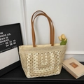 Borsa tote in paglia beige intrecciata a mano con manici marroni in ecopelle per vacanze - Bianco Sporco