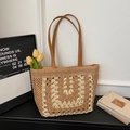 Borsa tote in paglia con motivo all'uncinetto bianco e manici in pelle marrone - Cachi