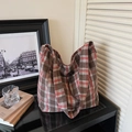 Sac cabas en toile à carreaux rouge-brun avec esthétique rétro et grande capacité - Rouge et Café