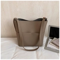 Taupe pebbled leather tote bag with large capacity and minimalist shoulder strap design - Gray