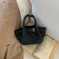 Minimalist black suede bucket bag with top handles and decorative buckle detail - Black without Pendant