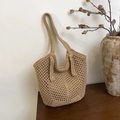 Handmade woven tote bag in straw beige with stylish fringe accents and sturdy handles - Zipper Style / Khaki Zipper Style