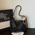Minimalist black crescent moon underarm bag with cute plush bear and bow decoration - Black with Pendant