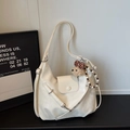 Chic cream white hobo tote bag in textured faux leather with cute bear charm - White with Pendant