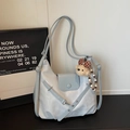 Light blue minimalist tote bag with adjustable strap and cute plush bear charm - Blue with Charm