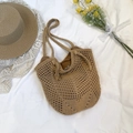 Handwoven straw tote bag in light brown with hollow crochet texture and tassel detail - Magnetic Closure / Khaki Magnetic Buckle Style
