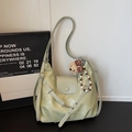 Minimalist light green tote bag with cute teddy bear and beaded charms on desk - Green with Pendant