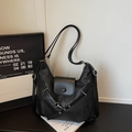 Minimalist black hobo shoulder bag in matte faux leather with decorative silver hardware - Black without Pendant