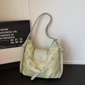 Modern light green faux leather shoulder bag with adjustable strap and silver hardware - Green Without Pendant
