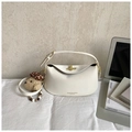 Chic white leather dumpling bag with gold twist lock and a cute plush bear pendant - Cream White with Pendant