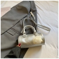 Silver metallic cylinder bag with furry pom-pom and adjustable long shoulder strap - With Charm / Silver