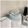 Minimalist light blue-grey leather half-moon shoulder bag with golden buckle and strap - No Pendant / Blue