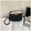 Elegant black leather crescent bag with golden clasp and adjustable shoulder strap - No Pendant / Black