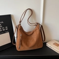Caramel vintage matte leather tote bag with side zipper and long shoulder strap - Small / Brown