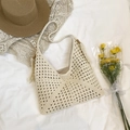 Beige hand-crocheted woven tote bag with fringe details for beach vacations - White Magnetic Buckle Style