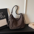Vintage dark brown faux suede large tote bag with adjustable strap and front zipper - Small / Coffee