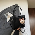 Black litchi grain bucket bag with teddy bear charm and adjustable shoulder strap - With Charm / Black