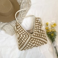 Handwoven straw tote bag in cream and light brown with bohemian tassels for beach vacations - Khaki Patchwork Magnetic Snap Style