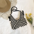 Handmade woven tote bag featuring a black and white checkerboard pattern and tassels - Black Patchwork Magnetic Snap Style