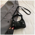 Black suede hobo bag featuring white star embroidery and a pleated handle design - Without Pendant / Black