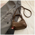 Dark brown pleated cloud handbag with white floral embroidery and shoulder strap - Without Pendant / Brown