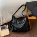 Classic black leather tote bag with side zipper pocket and adjustable shoulder strap - Black without Pendant
