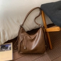 Retro brown PU leather tote bag with vertical zipper and decorative metal buckle ring - Brown No Pendant