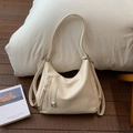 Retro cream white large tote bag with long straps and stylish side zipper detail - White Without Pendant